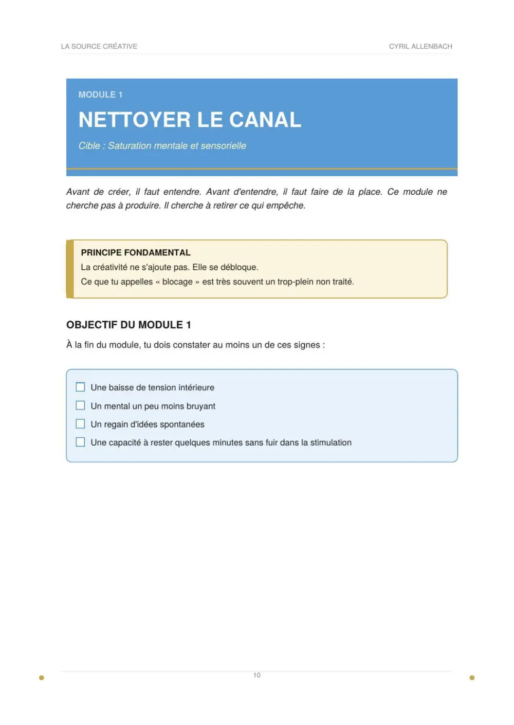 Objectifs du module 1 avec cases à cocher